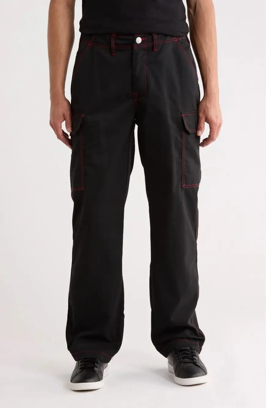 True Religion Men's Jet Black TR-V Red Stitching Relaxed Cargo Pants Sz 36